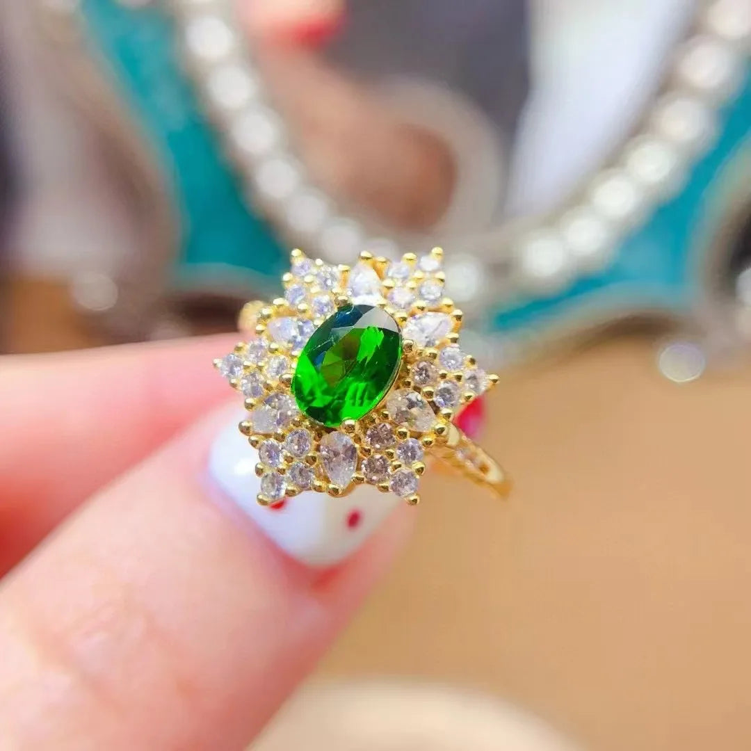 Retro Luxury Chinese Jewelry Silver 925 Rings Inlay Natural Diopside Fashionable and Shining Girls Jewelry Wholesale