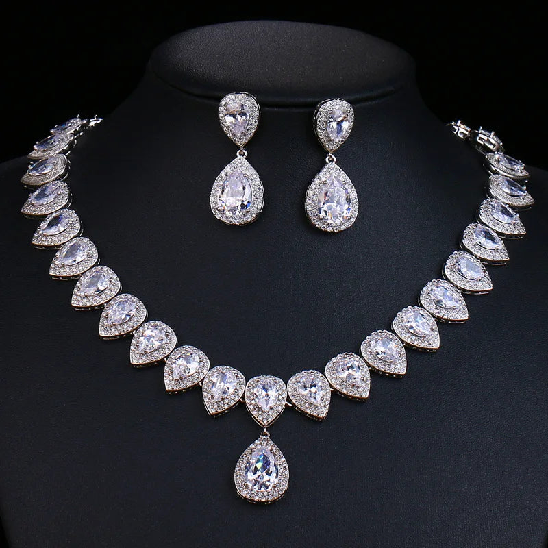 2022 New Fashion Sparkling Earring Necklace Diamond Wedding Jewelry Set Teardrop Zircon Bridal Jewelry Sets for Women Girls