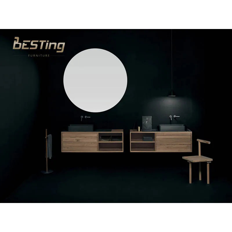 Customizable High-End Modern Double Bathroom Vanity With Circle Mirror Solid Oak Natural Wood Exquisite Craftsmanship