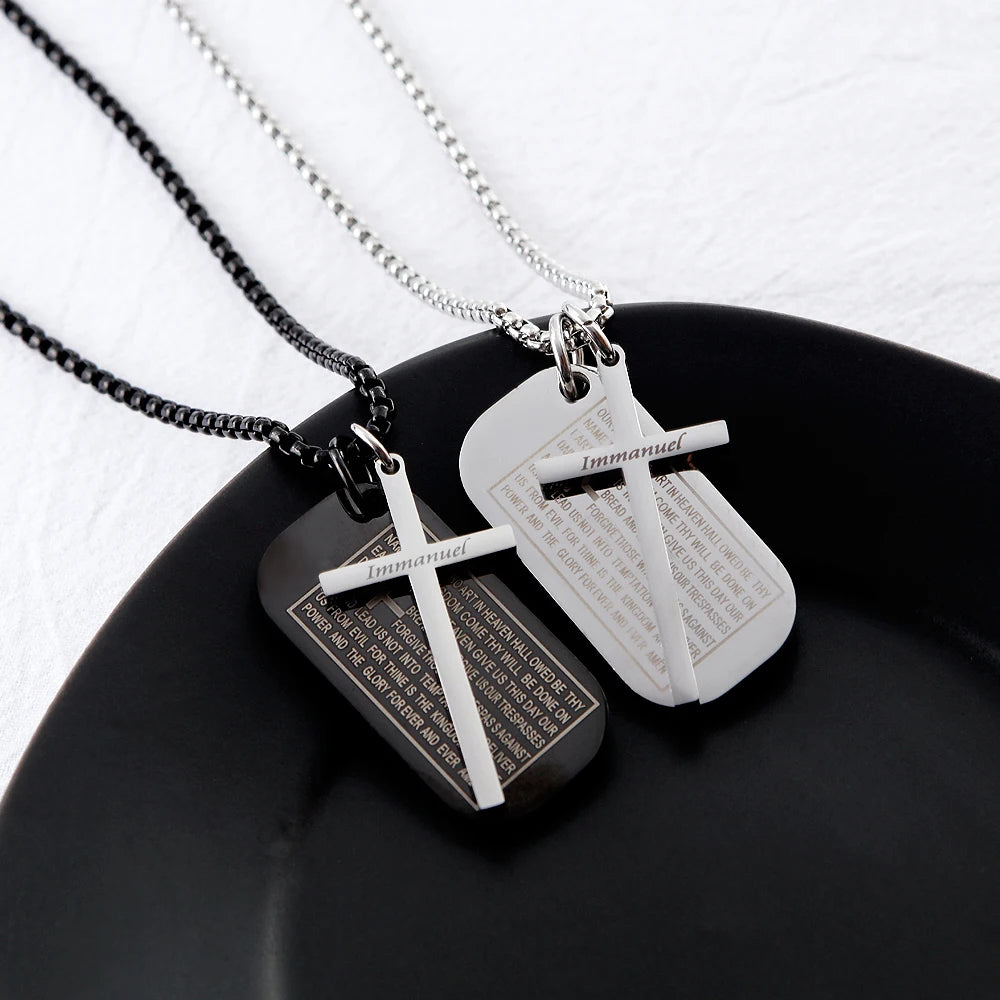 High Polished Cross Stainless Steel Square Tags Pendants Religious Men Jewelry Bible Verse Prayer Pendant Necklace Free Chain