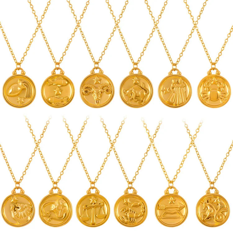 Popular Jewelry 18k Gold Plated Stainless Steel Round 12 Star Zodiac Pendant Necklaces