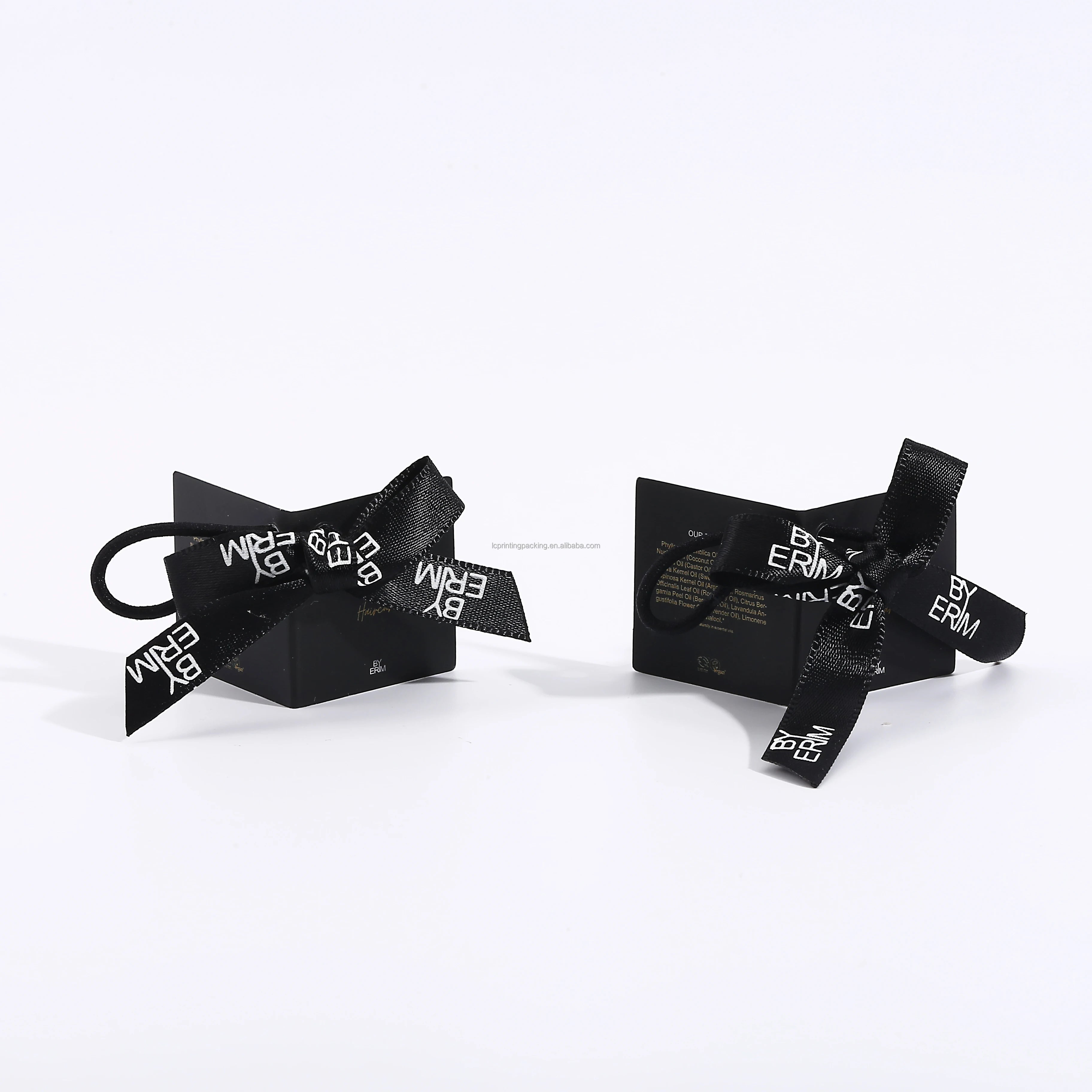 Pre-Tied Elastic Black Grosgrain Ribbon Bow Stretch Loop for Perfume Bottle Neck Made of Polyester with Label Tag
