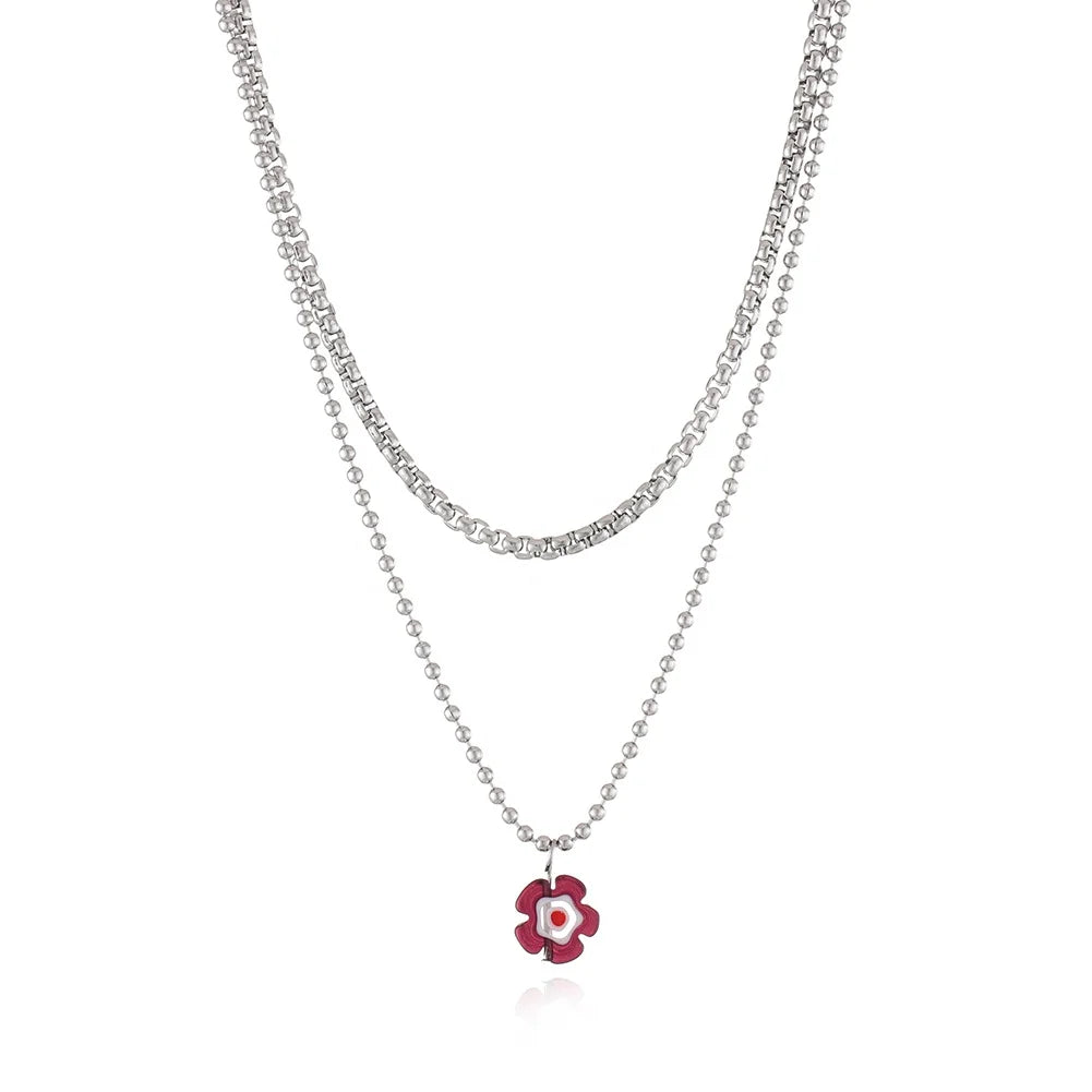 Women's Hip Hop Double-Layer Stainless Steel Necklace with Acrylic Flower Pendant Fashion Power Jewelry