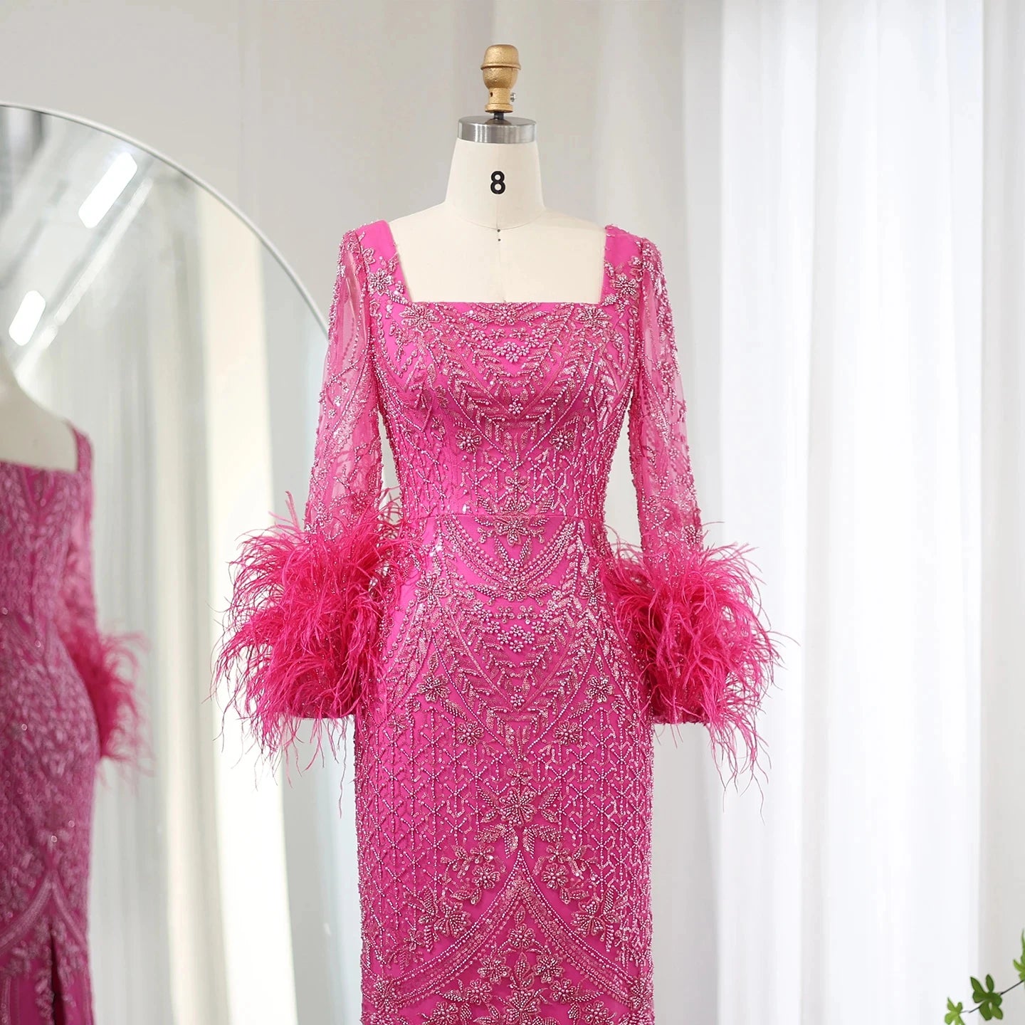 Elegant Square Collar Feather Fuchsia Mermaid Evening Dresses Jancember SZ239-1