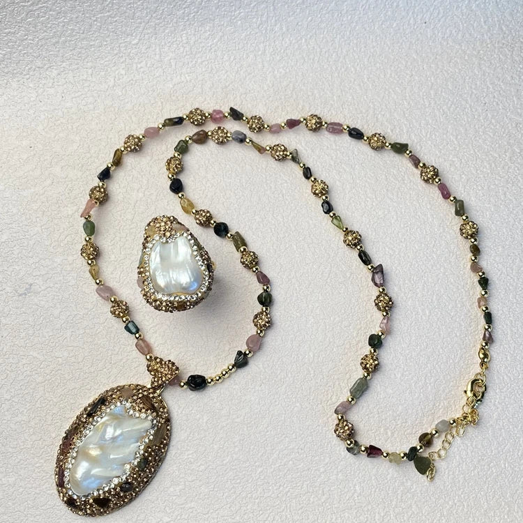 Luxury Handmade Crystal Tourmaline Jewelry Set Natural Freshwater Baroque Pearl Choker Necklace for Women