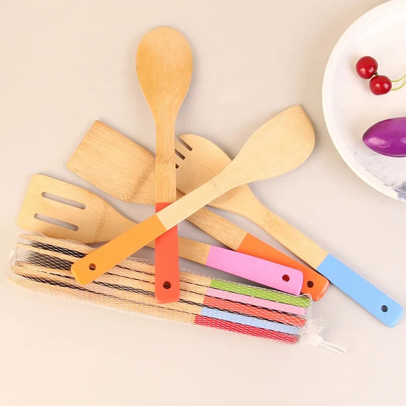 5 Pc Set Color Handle Bamboo Non-Stick Cooking Tools Wooden Spatulas Bulk Kitchen Utensils Set