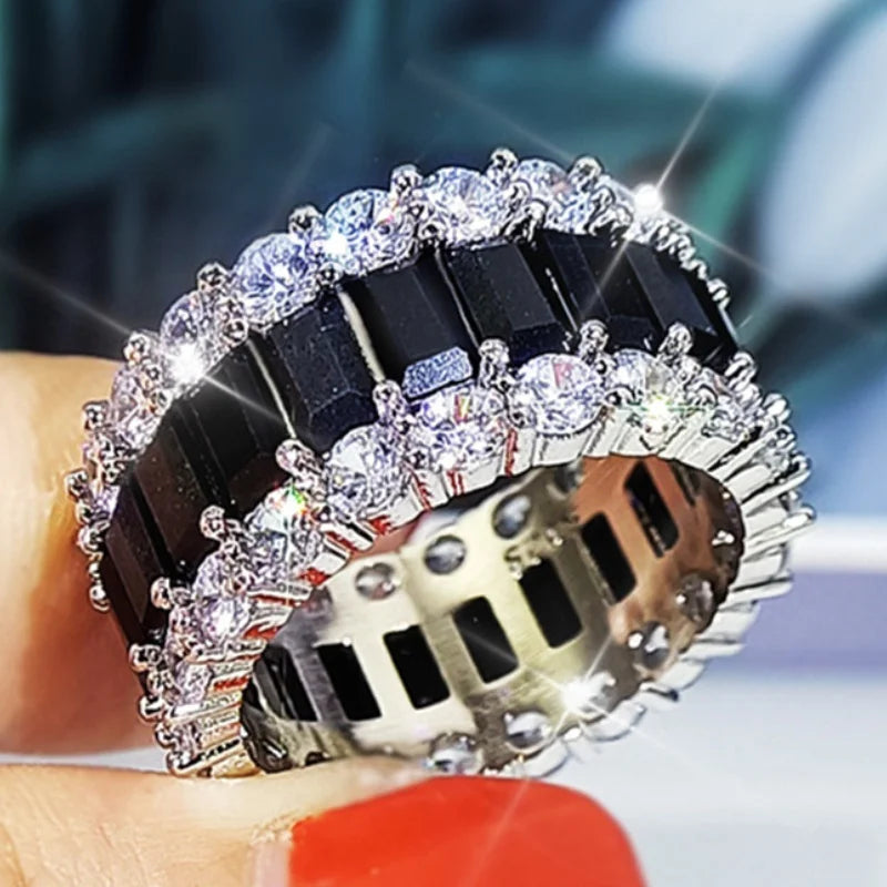 CAOSHI Gorgeous Square Cut Genuine Black Onyx Gemstone Silver Plated Zircon Rings for Women