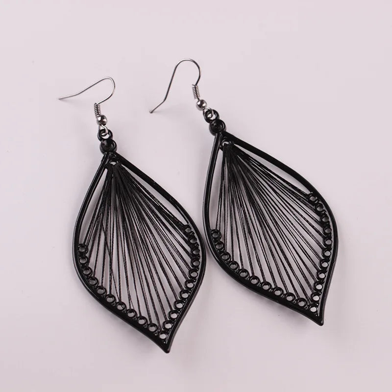 Handmade Leaf Earring Charm Black Thread Geometric Leaf Long Drop Earring for Women Wedding Party Jewelry Valentine Gift