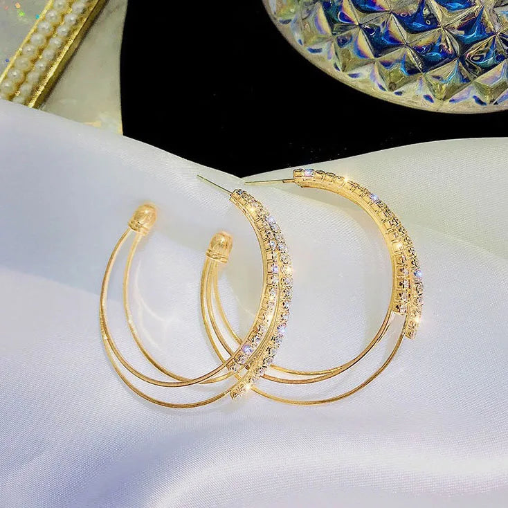 Best Selling Silver Needle Hoop Earrings Personality Stainless Steel Geometric Jewelry C Zircon Trendy Gold Plated for Women