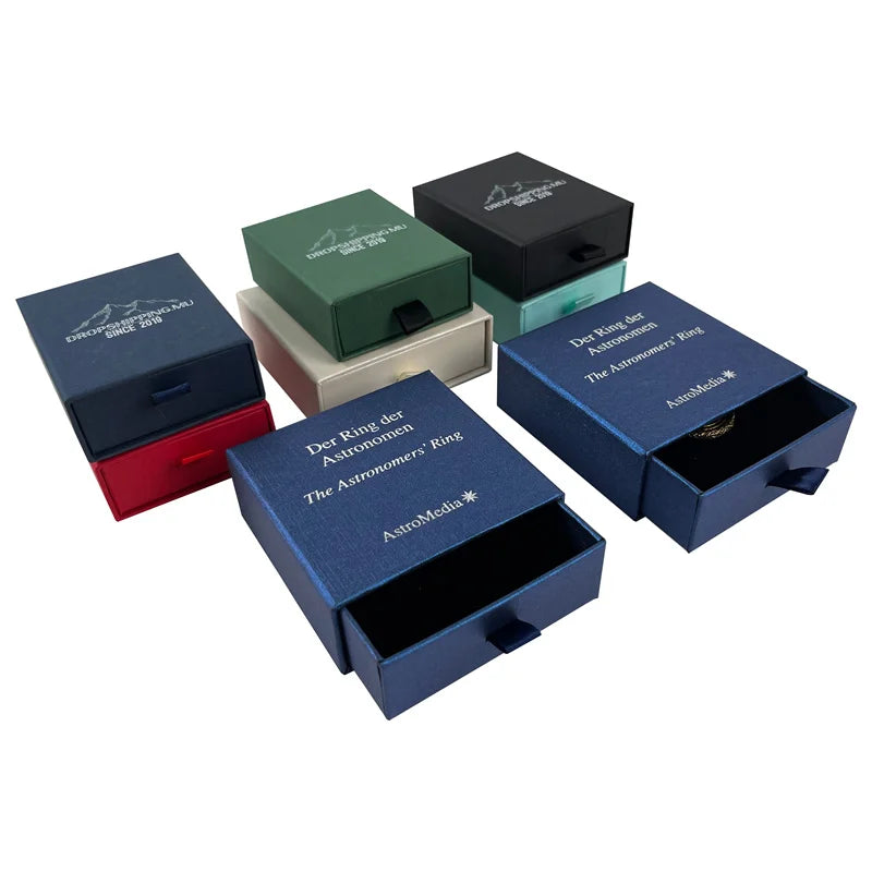 China Mini Recyclable Square Rigid Jewelry Box Customized Logo Necklace Earring Bracelet Sponge Lined Grey Board Drawer Package