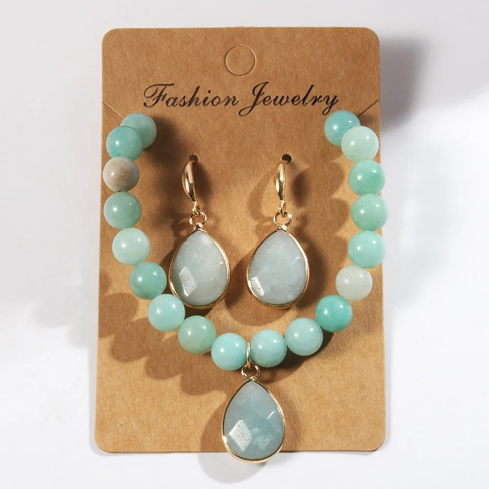 Anniversary Gift New Women Fashion Jewelry Set Card Packing  8mm Natural Stone Beaded Elastic Bracelet Earring Set