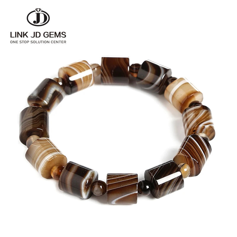 JD Genuine 12mm Natural Coffee Lace Agate Bracelets Men Handmade Tibetan Buddha Hand String Barrel Rosary Prayer Beads Bangles