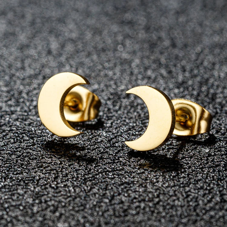 Trendy Non Tarnish 18K Gold Silver Rose Plated Stainless Steel Small Crescent Moon Stud Earring for Women