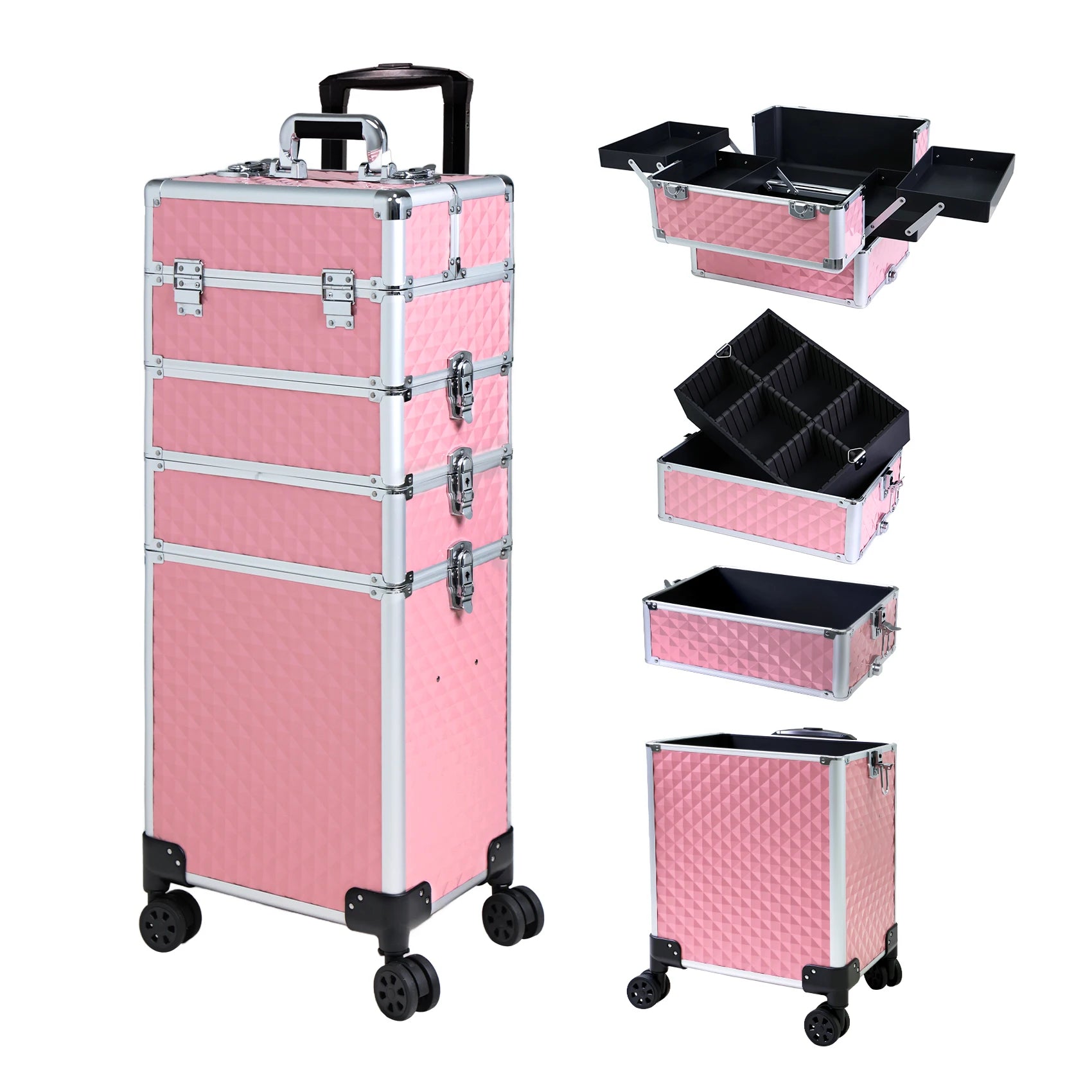 Obox Holographic Candy Rolling Aluminum Makeup Trolley Train Case for Professional Large Capacity Cosmetic Luxury