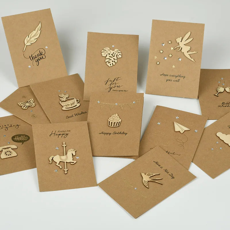2025 Latest Design Mini Vintage Wooden Carvings Patch Greeting Card Universal Gift Card with Envelope for Friends