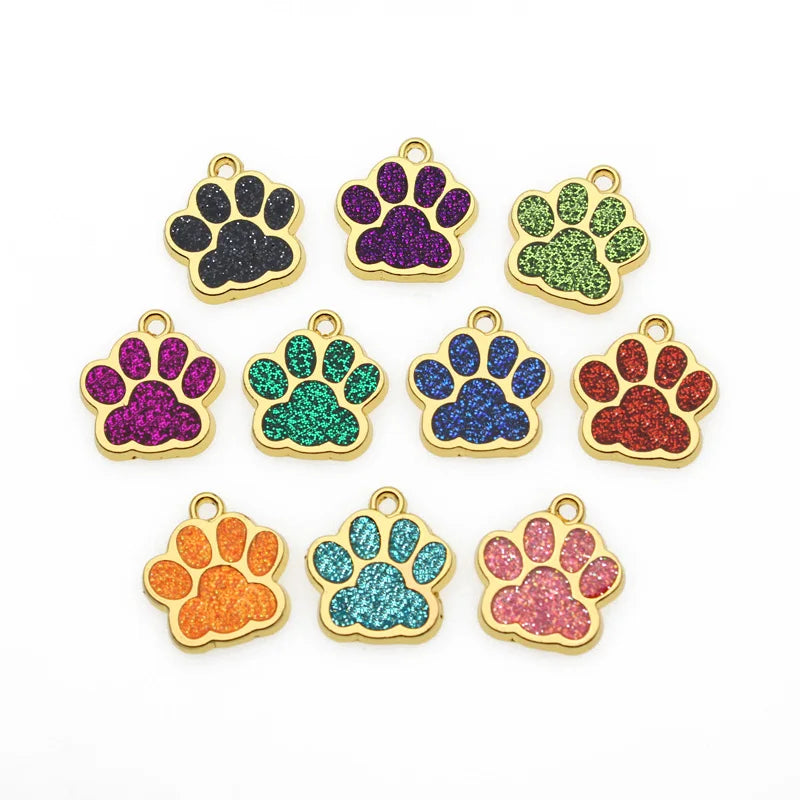15 X 17mm Glitter Enamel Hang Pendant Charms Glint Cat Dog Bear Paw Footprint DIY Accessories Pet Collar KeyChain Jewelry Making