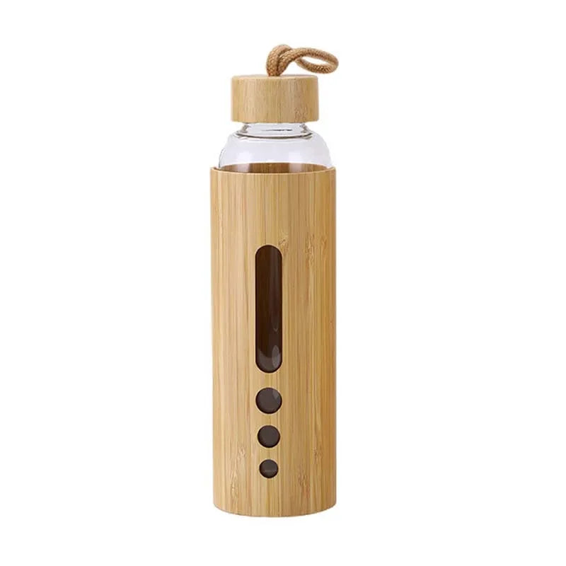 Glass Water Bottle with Bamboo Sleeve Bamboo Shell Water Bottle Small Mouth Double Wall Glass Water Bottle with Bamboo Lid