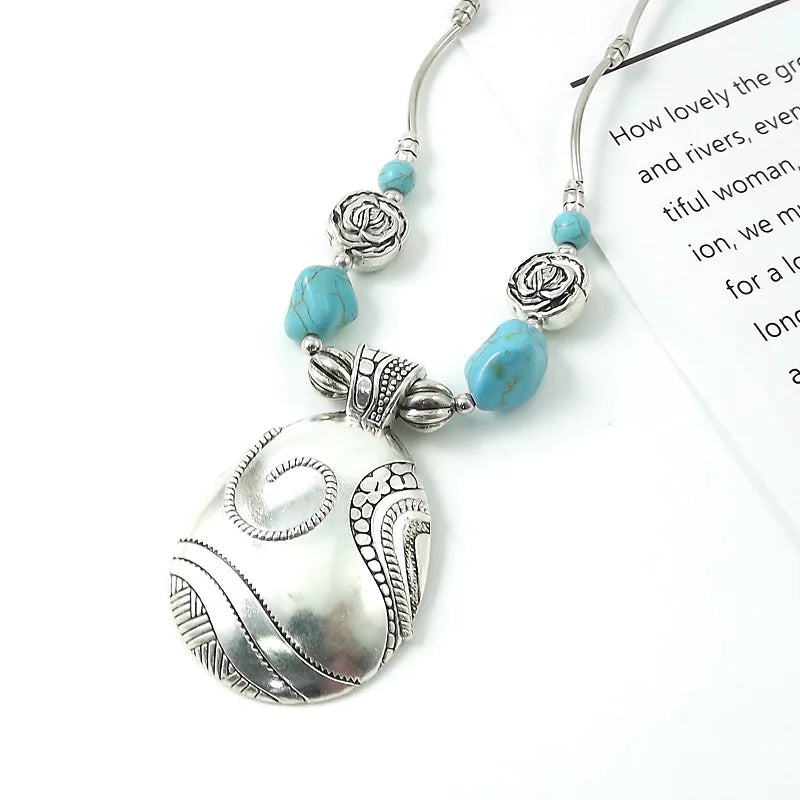 Bohemian Vintage Tibetan Silver Turquoise Charm Pendant Choker Necklace for Women Jewelry Gifts