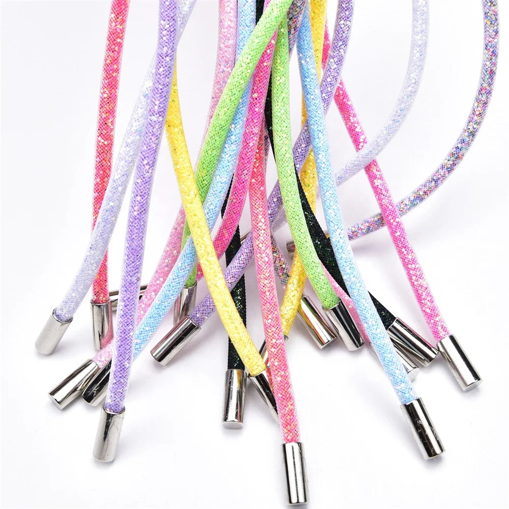 Round 138cm Soft AB Color Sequins Rope With Silver Metal Stopper Cap Glitter Shoes Pants Belt Sweatshirt Hoodie Drawstring Cord
