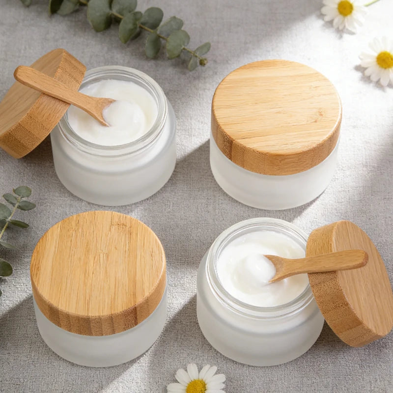 Cosmetic 30G 50G 100G  Bamboo Lid Glass Jars Clear Wooden Bamboo Jars Frosted Body Cream Glass Jar
