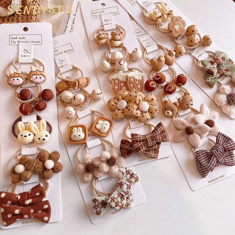 Winter Plush Flowers Hair Ties Set Lovely Bow Little Bear Hair Bandsfor Girls 10pcs/set Cartoon Cute Coffee Color Hair Ornaments
