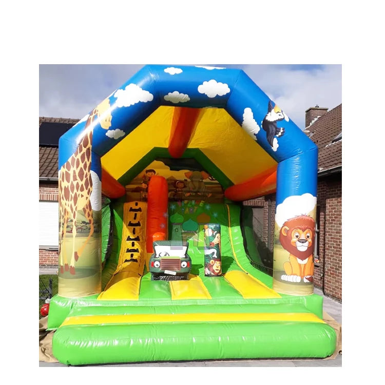 Commercial Safari Inflatable Bouncy Castle for Kids Outdoor Party Jumpers with Slide Combo and Blower Includes Repair Kits