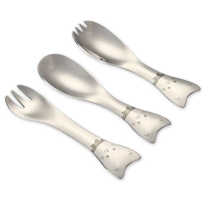 Wholesale Stainless Steel Kids Tableware Set Includes Spoon and Fork for Dinner Metal Lunch Spoon Carton