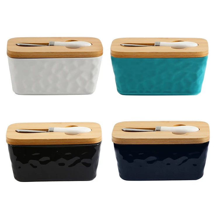 Large Ceramic Airtight Butter Container Dish Knife Holder Porcelain Butter Dish with Bamboo Lid