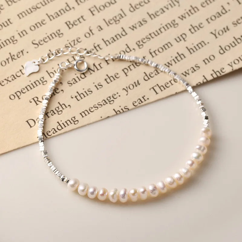 Korean Design Genuine 925 Sterling Silver Geometric Silver Beads Bracelets Strand Freshwater Pearl Quality Women Beaded Bracelet