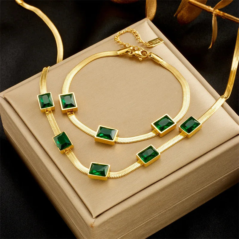 Nabest Gold Plated Women Square Emerald Charm Necklace Bracelet Stainless Steel Pave Cz Zircon Snake Chain Jewelry Sets