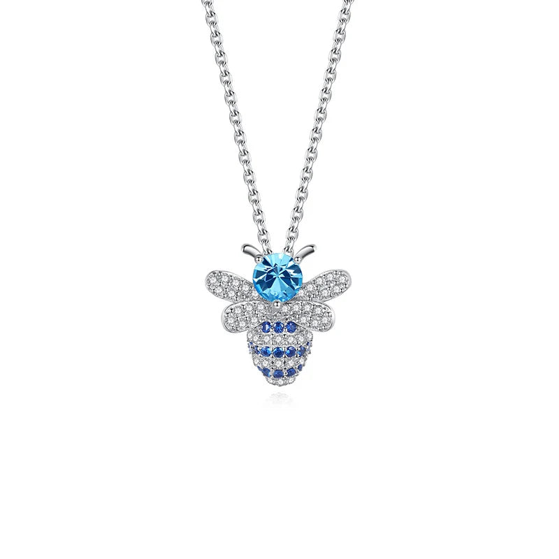 RINNTIN SWN08 Silver Diamond Blue Round Crystal Jewelry Personality Bee Pendant Necklace