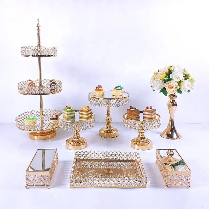 European Crystal Cake Stand Metal Iron Electroplated Gold Dessert Table Mirror Pastry Tray Wedding Props Decorative Ornaments