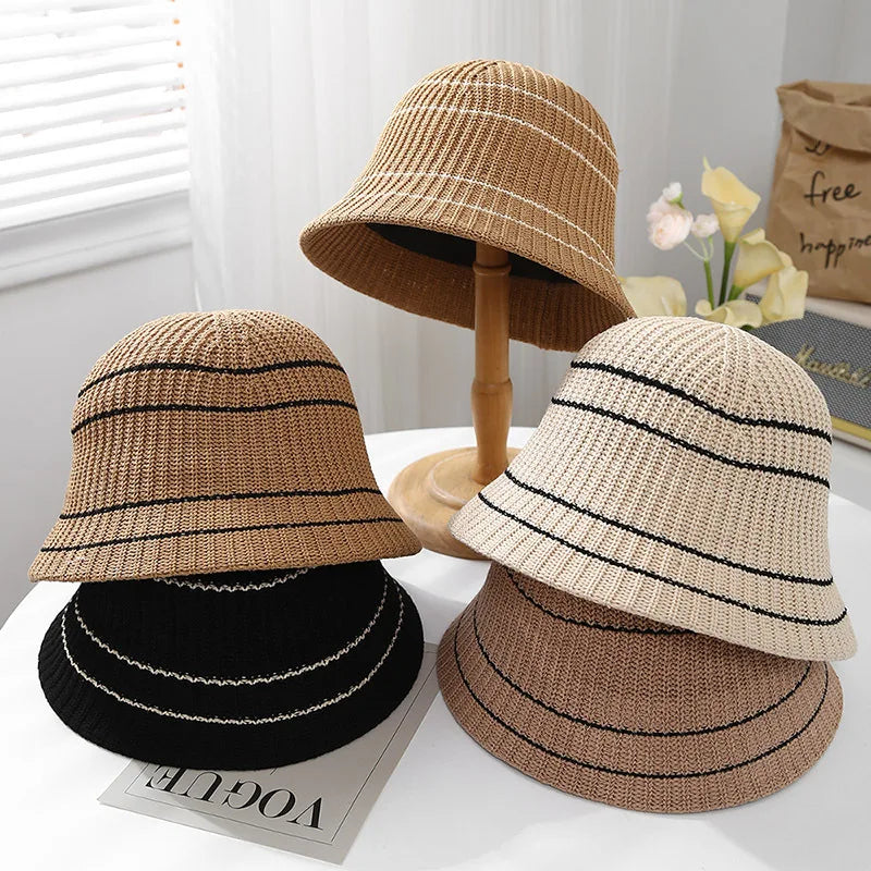 Women Spring Summer Plain Striped Knitted Bucket Hat Casual Fisherman Sunshade Summer Hat
