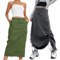 Womens Parachute Long Cargo Skirts Ruched Drawstring Dress Low Waist Streetwear Baggy Jeans Denim Skirt