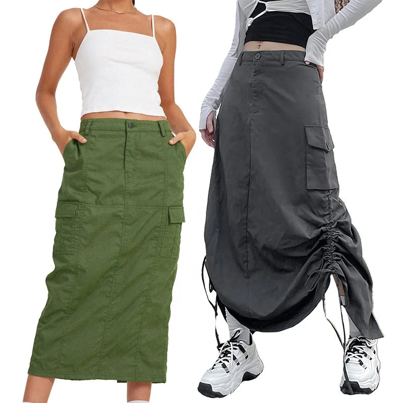 Womens Parachute Long Cargo Skirts Ruched Drawstring Dress Low Waist Streetwear Baggy Jeans Denim Skirt