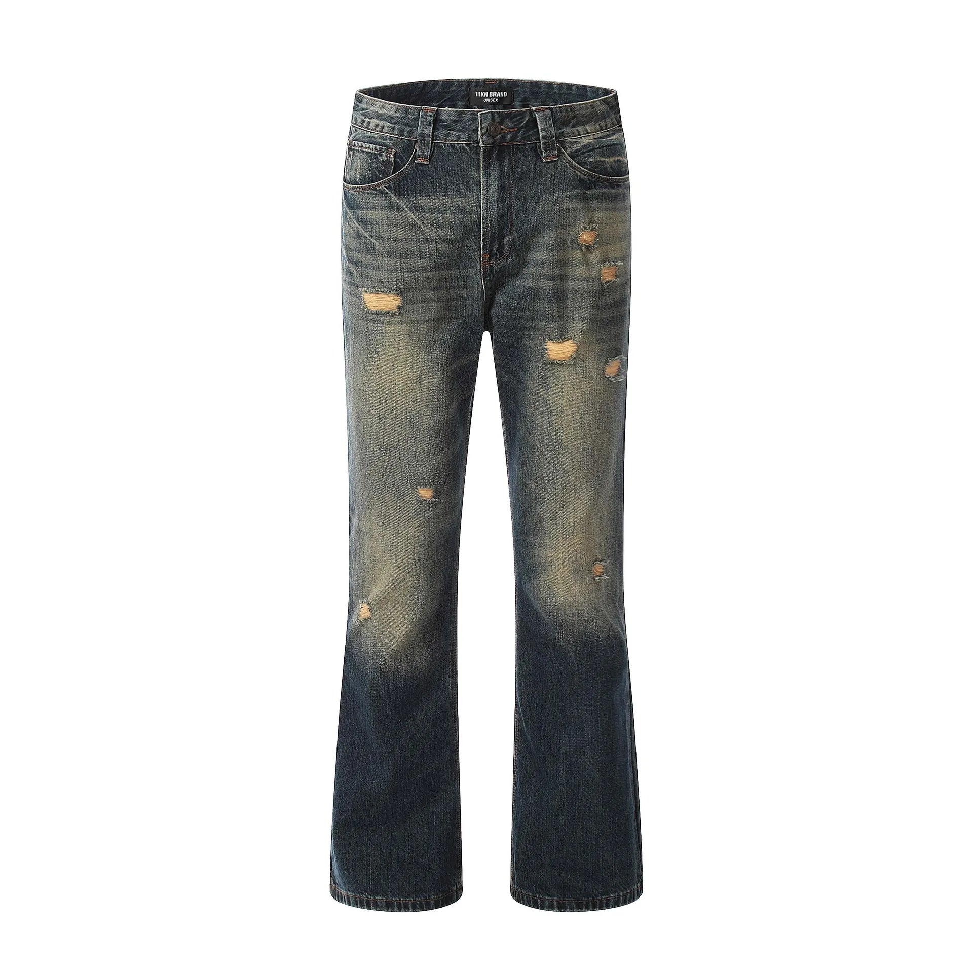 Vintage Blue Men's Boot Cut High Quality Denim Jeans 100% Cotton Breathable Button Spring
