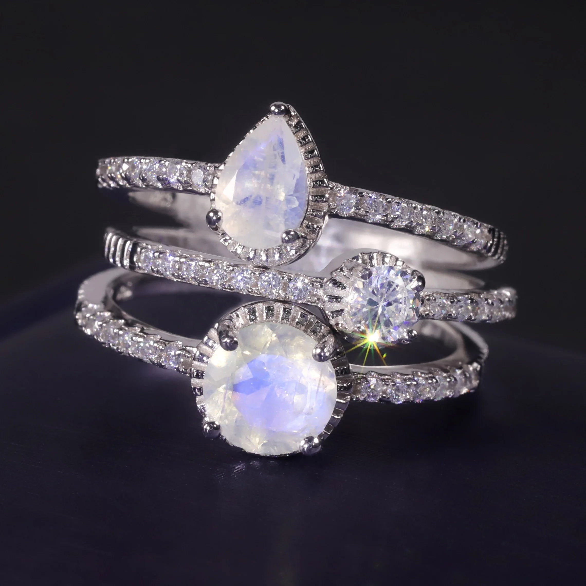 A2600 Abiding Natural Gemstone Jewelry Milky Blue Moonstone 925 Sterling Silver 3 Piece Bridal Wedding Ring Set