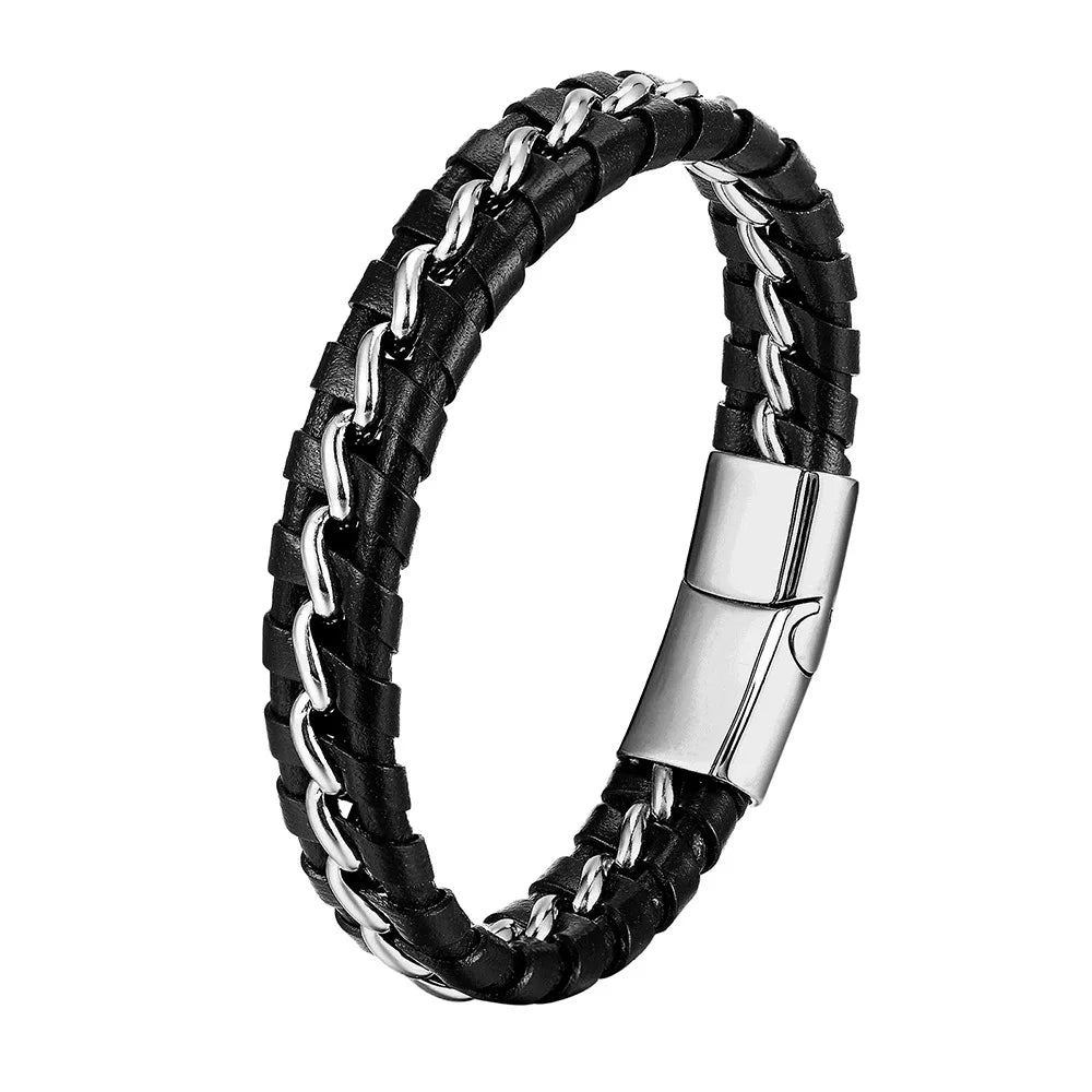 Wholesale Customize Handmade Braided Genuine Leather Bracelet Stainless Steel Chain Clasp Men's Jewelry Bracelets