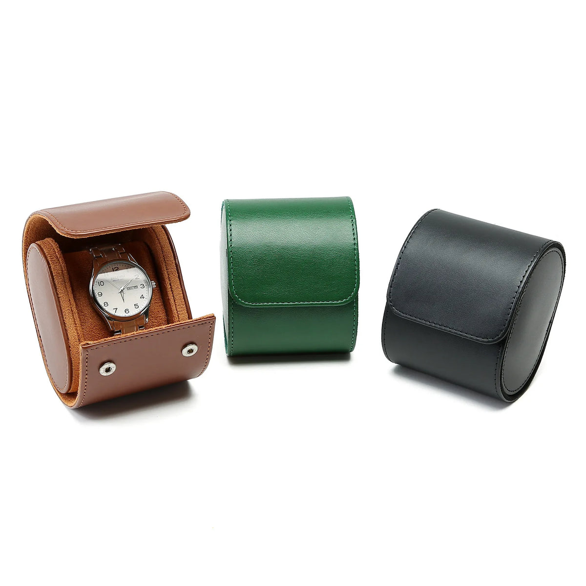 Wholesale High-End PU Leather Single Watch Storage Box Luxury Travel Watch Roll with Snap Closure for Men and Women MegaBDM