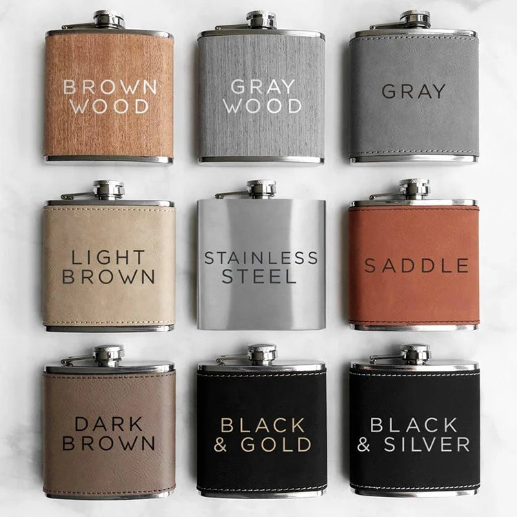 Print Logo Monogrammed Hip Flasks Leather 6oz Stainless Steel Hip Flask With Vegan Leather Cover