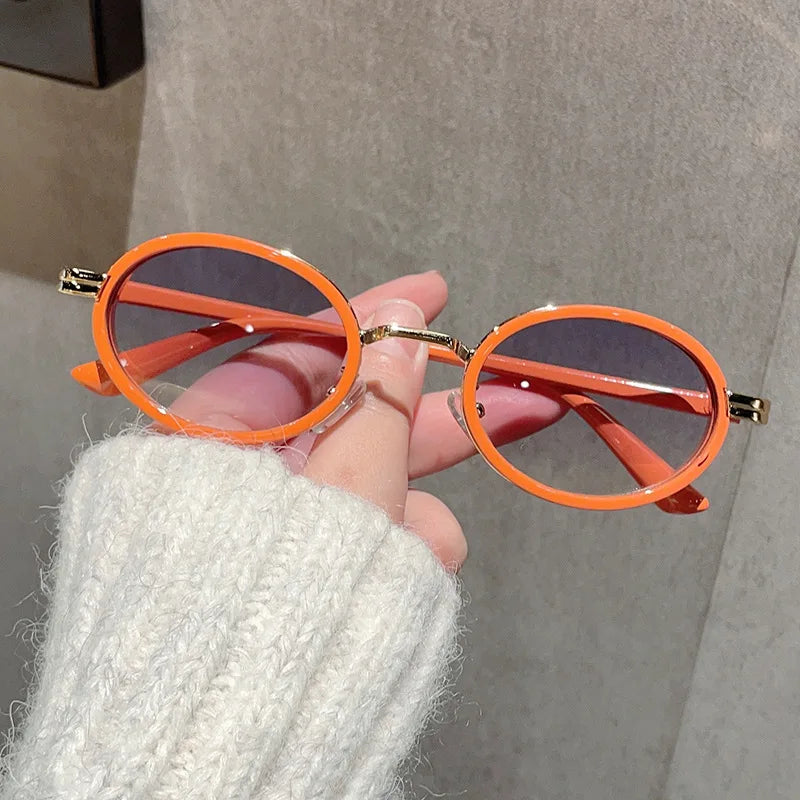 2024 New Small Oval Punk Men Sunglasses Vintage Semi-Metal Women Gradient Shades UV400 Blue Tea Sun Glasses