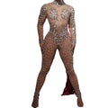 Sexy Jumpsuit Performance Costume Women Bodycon Club Party Bodysuit See Through Pearl Rhinestone Dance Leotard