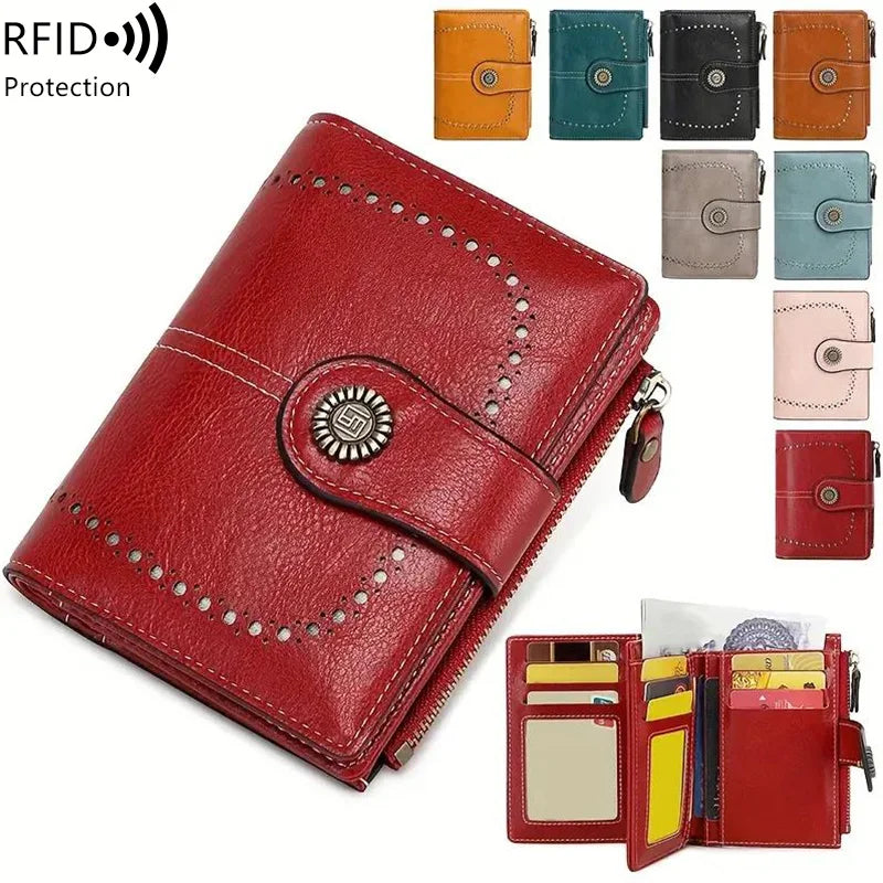 MIYIN RFID Blocking Coin Wallet Fashionable Multi Slot Zipper Card Holder Retro Multifunctional Women's Short Wallet