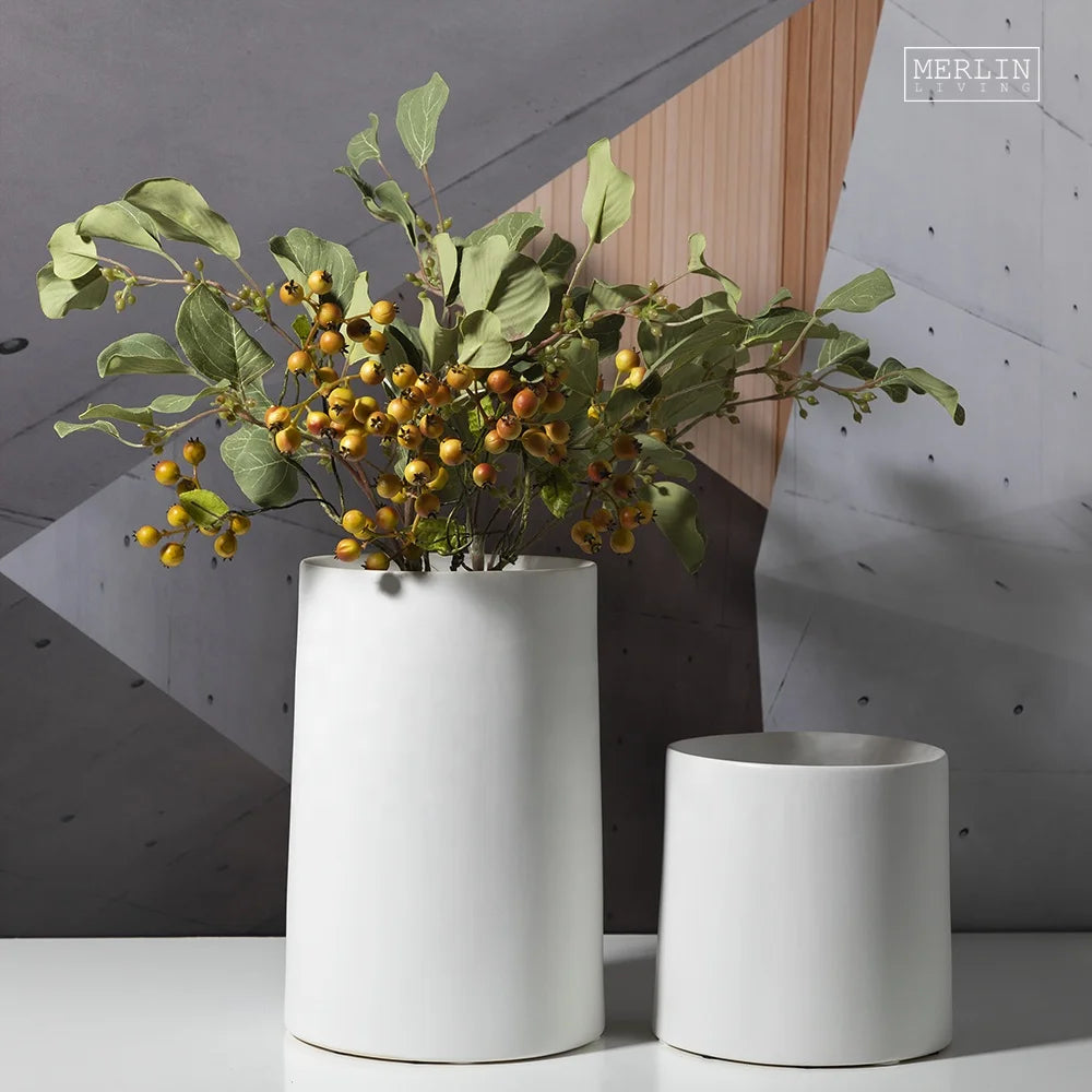 Merlin Living Nordic White Ceramic Tabletop Vase Modern Art Home Decoration Minimalist Floor Flower Bottle Cylinder Design MegaBDM