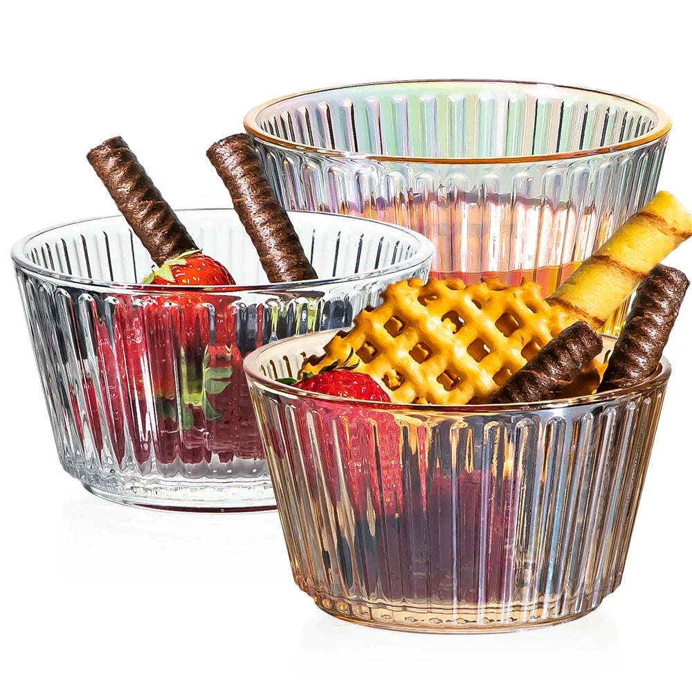 Vertical Striped Glass Serving Bowls 4.5 Inch Ribbed Mini Prep Bowls for Salad Ice Cream Dessert Party Modern