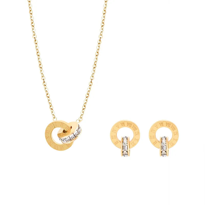 Wholesale Jewelry Set 18K Gold Plated Stainless Steel Zircon Roman Numeral Pendant Lucky Necklace Earrings Set YF2425
