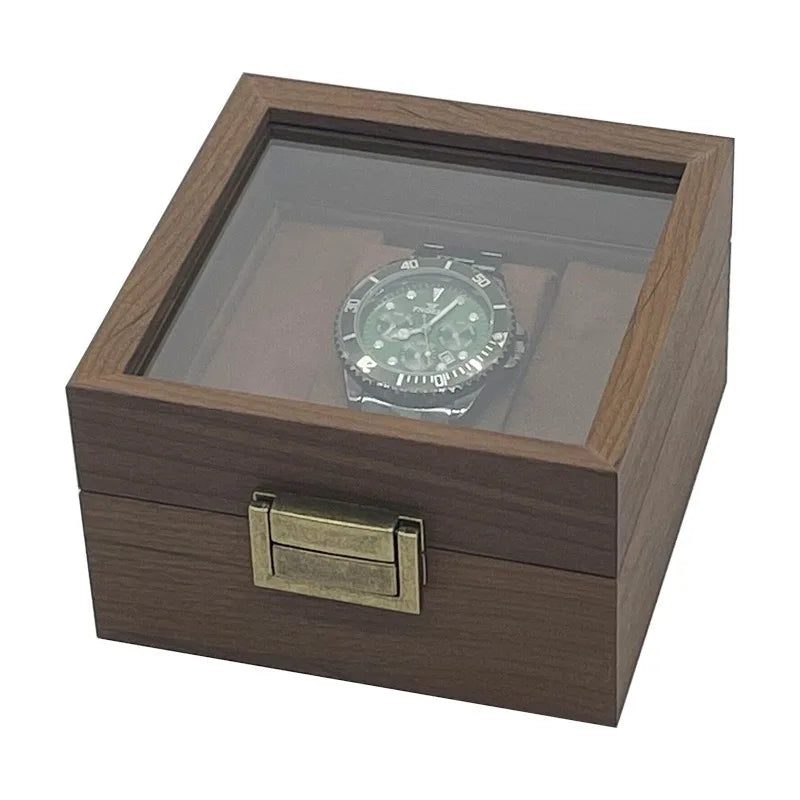 New 1 Slot Custom Logo Retro Dark Walnut Color Wooden Watch Show Storage Box Case With Glass Lid