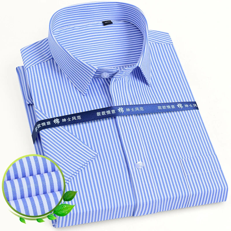 RNSHANGER Men Classic Short Sleeve Solid/striped Basic Dress Shirt Single Patch Pocket Business Standard-fit Office Social Shirt