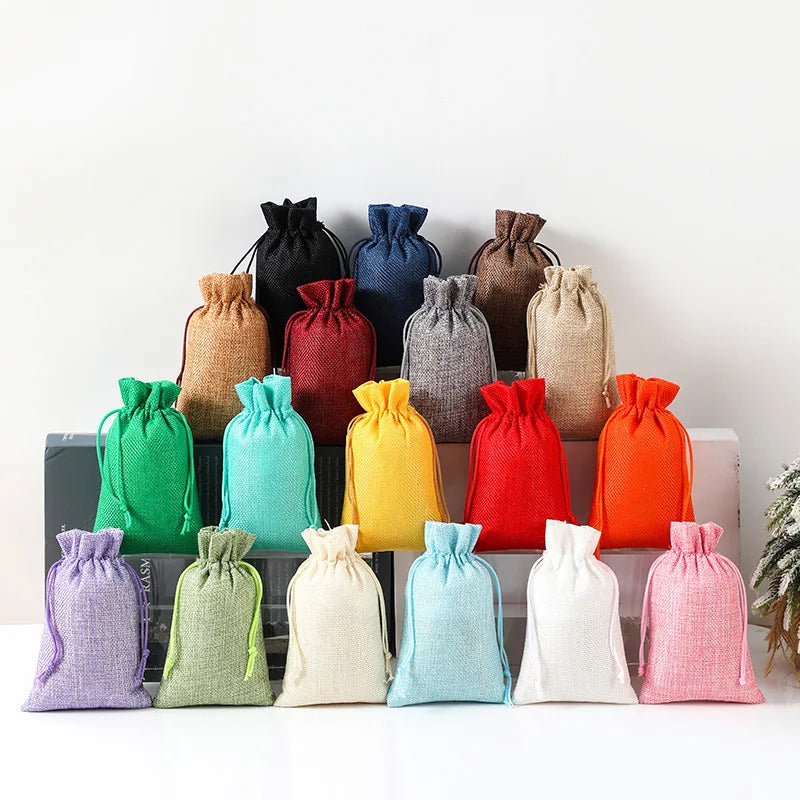 Hot Sale Custom Logo Silk Screen Printed Eco Friendly 10x18cm Small Pouch Jute Cotton Burlap Drawstring Gift Bag Handles Package
