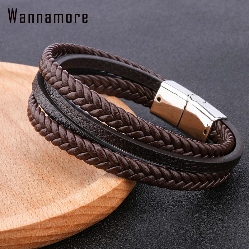 Original Trinkets Retro Men's Jewelry Hand-woven Leather Rope European and American Bracelets diy Alloy Magnetic Buckle